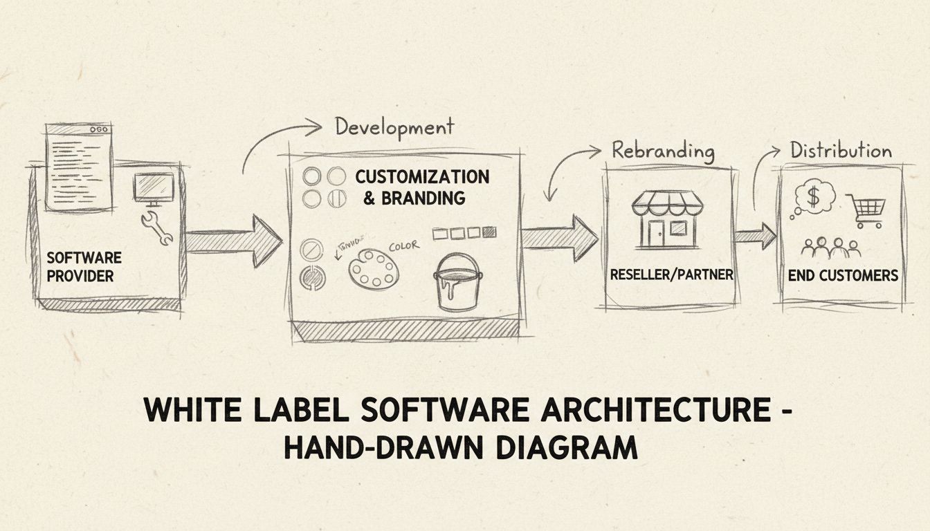 White-Label-Software-Architekturdiagramm mit Anbieter, Anpassung und Reseller-Workflow