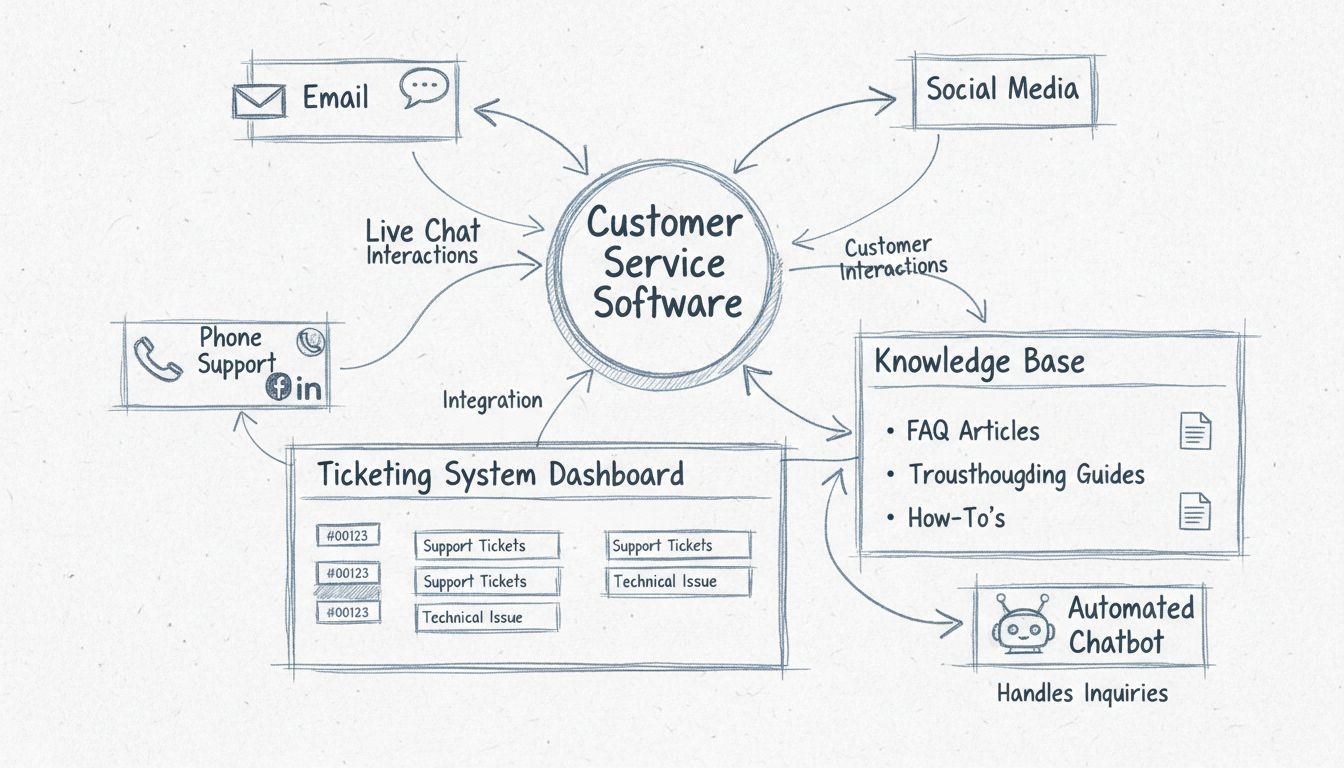 Diagramm zur Architektur von Kundendienstsoftware mit zentralem Hub, Kanälen, Ticketing-System, Wissensdatenbank und Chatbot-Integration