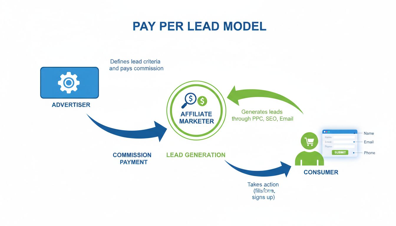 Pay Per Lead Marketing Flow Diagram showing Advertiser, Affiliate Marketer, and Consumer interaction