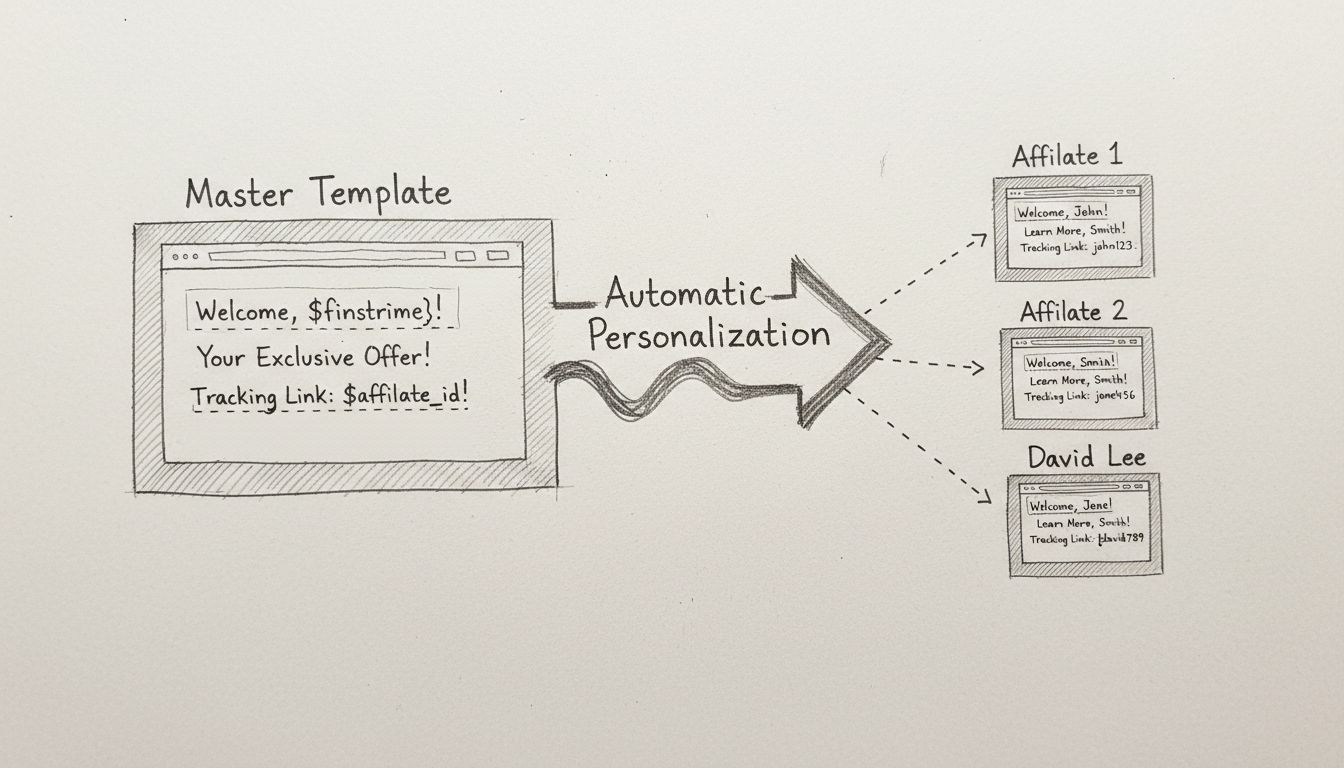 Diagramm des Site-Replication-Workflows, das zeigt, wie die Master-Vorlage automatisch personalisierte Partnerseiten mit individuellen Tracking-Links und Variablen erstellt