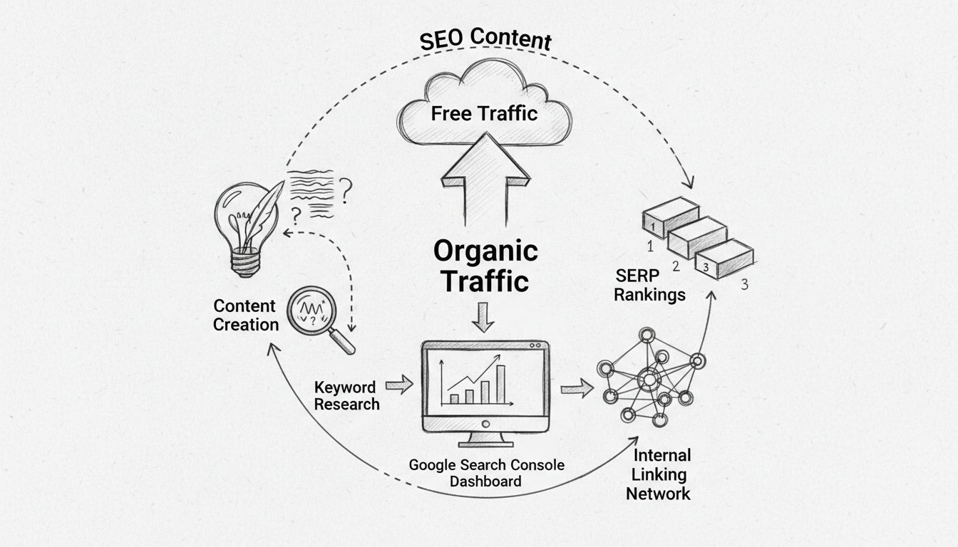 Diagramm der SEO-Content-Strategie zeigt den Fluss organischen Traffics, Keyword-Recherche, SERP-Rankings und internes Verlinkungsnetzwerk