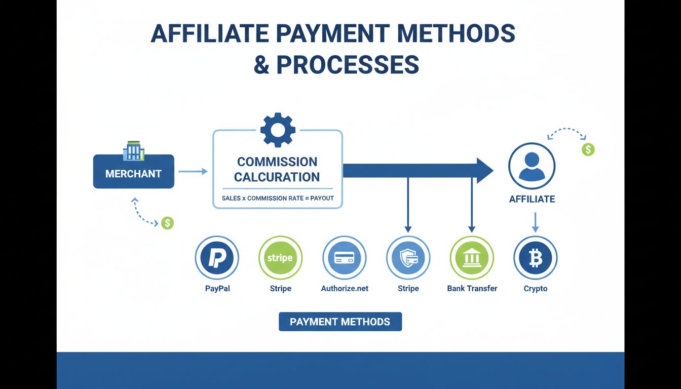 Infografik zu Affiliate-Zahlungsmethoden zeigt PayPal, Stripe, Authorize.net, Banküberweisung und Kryptowährungsoptionen mit Provisionsflussdiagramm