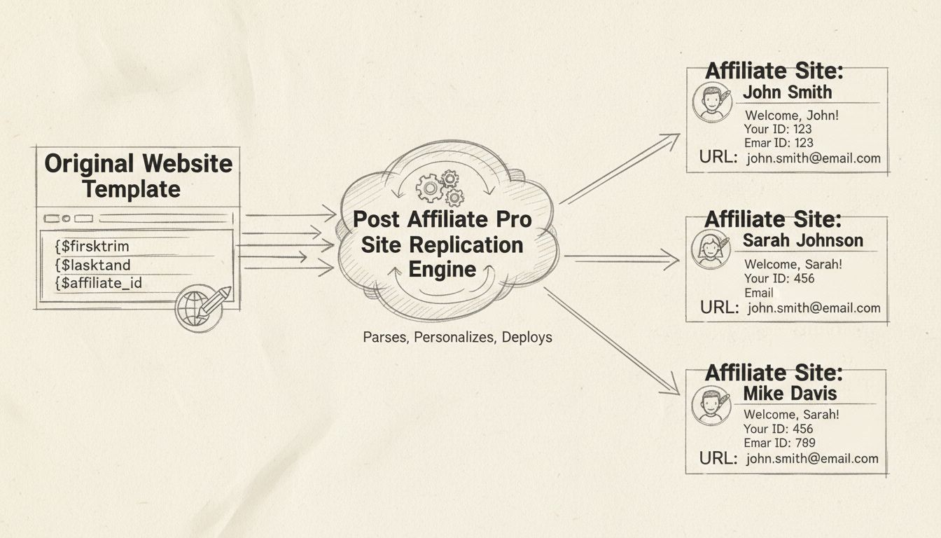 Ablaufdiagramm der Site-Replikation, das zeigt, wie Template-Variablen für mehrere Affiliates personalisiert werden