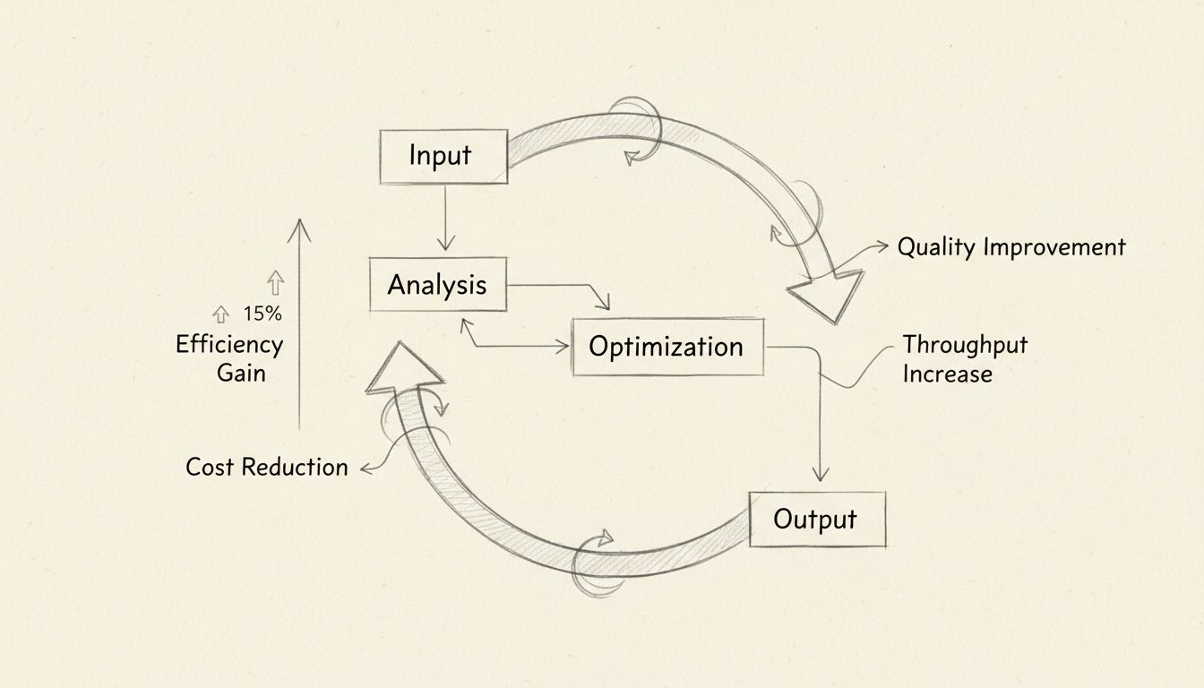 Ablaufdiagramm eines Optimierungsprozesses mit Input-Analyse, Optimierungszyklen und verbesserten Ergebnissen mit aufwärts zeigendem Pfeil