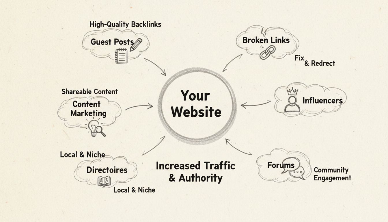 Handgezeichnetes Diagramm, das eine Inbound-Link-Strategie mit zentralem Website-Knoten und mehreren Linkquellen wie Gastbeiträgen, Content-Marketing, Verzeichnissen, Foren und Influencern zeigt