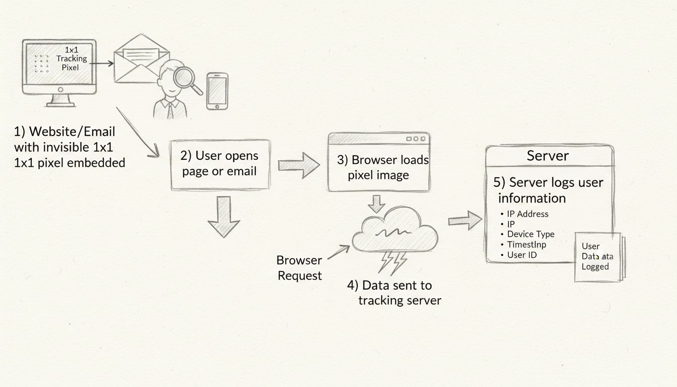 Handgezeichnetes Diagramm, das den Pixel-Tracking-Fluss von der Website zum Server zeigt