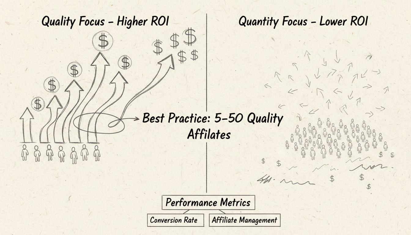 Diagramm zum Vergleich Qualität vs. Quantität: 5 leistungsstarke Affiliates mit höherem ROI gegenüber 50 leistungsschwachen Affiliates mit minimaler Rendite