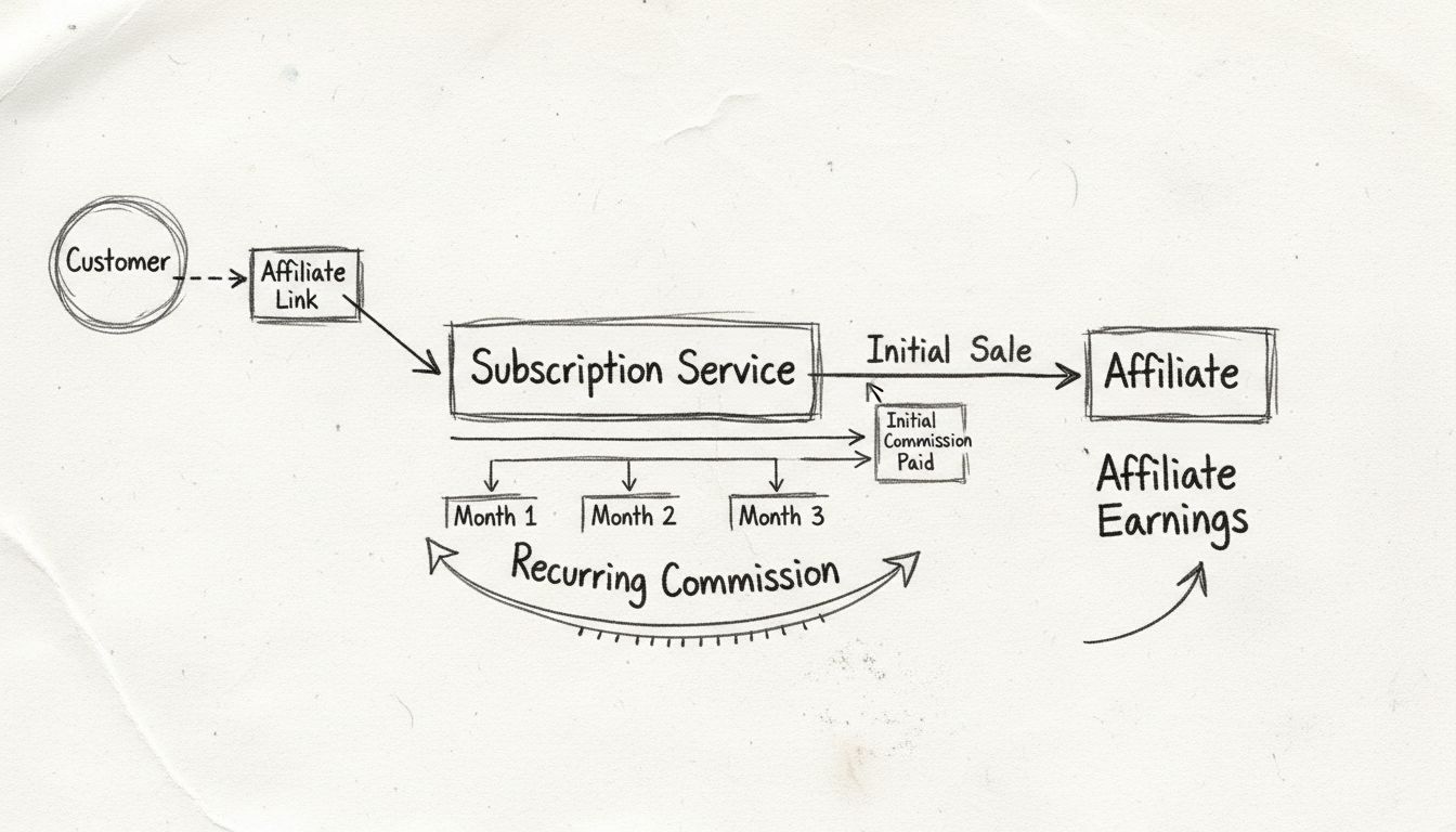 Ablaufdiagramm für wiederkehrende Provisionen, das Erstverkauf und monatliche wiederkehrende Zahlungen an den Affiliate zeigt