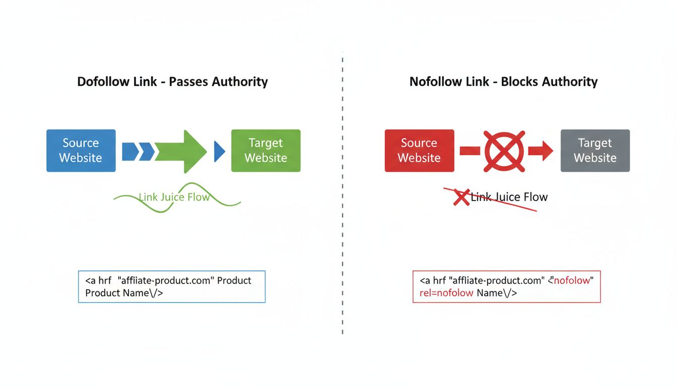 Technisches Diagramm, das den Unterschied zwischen Nofollow- und Dofollow-Links im Affiliate-Marketing zeigt: grüner Pfeil für Dofollow (überträgt Autorität), roter blockierter Pfeil für Nofollow