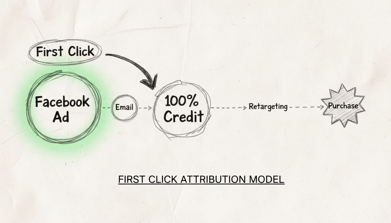 Diagramm des First Click-Attributionsmodells zeigt die Customer Journey mit mehreren Touchpoints und 100 % Verdienst für den ersten Klick