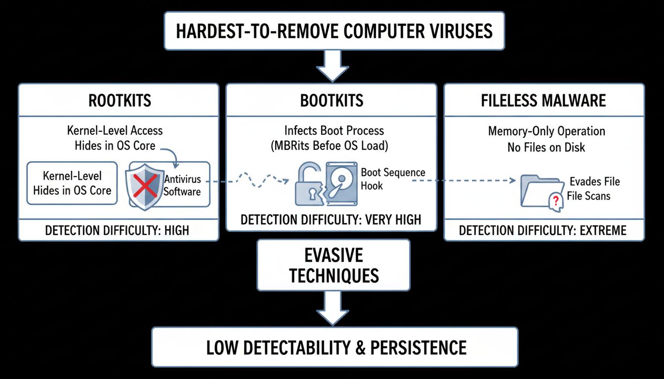 Technisches Diagramm mit Merkmalen und Erkennungsschwierigkeiten von Rootkits, Bootkits und dateiloser Malware