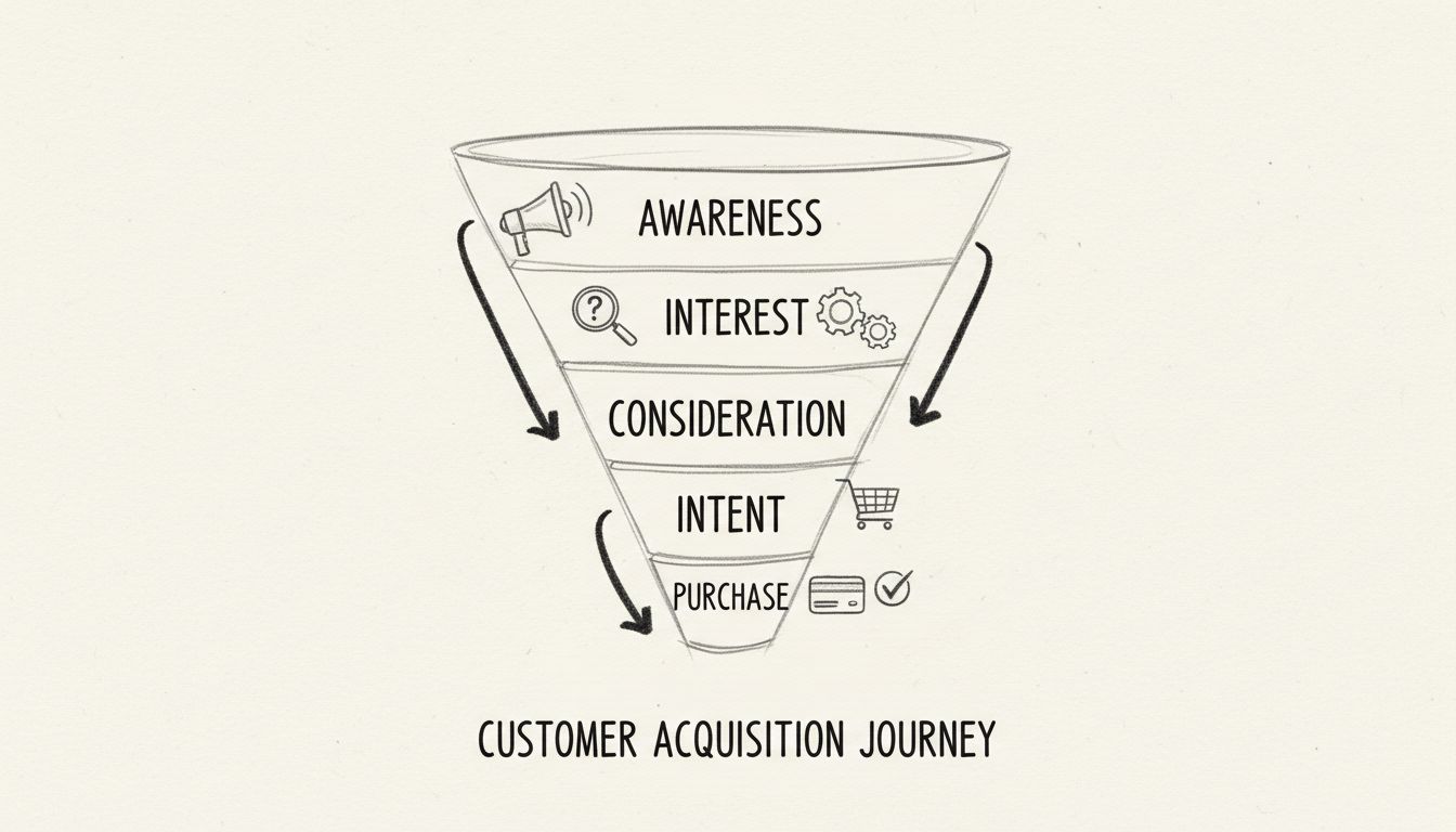 Diagramm des Akquisefunnels mit fünf Phasen: Awareness, Interest, Consideration, Intent und Purchase mit Fortschrittspfeilen