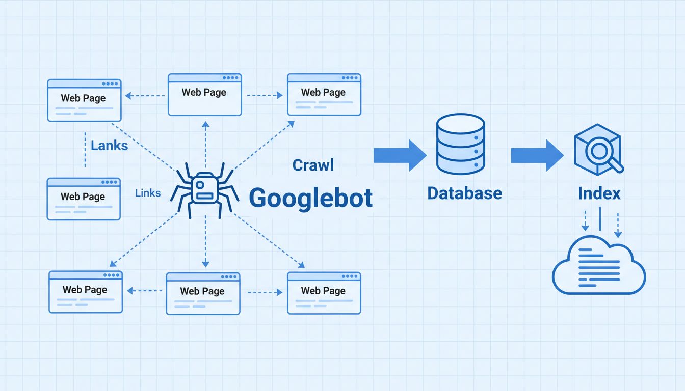 Technisches Diagramm, das zeigt, wie Googlebot durch miteinander verbundene Webseiten mit Datenbankindexierung und Linkverfolgung crawlt