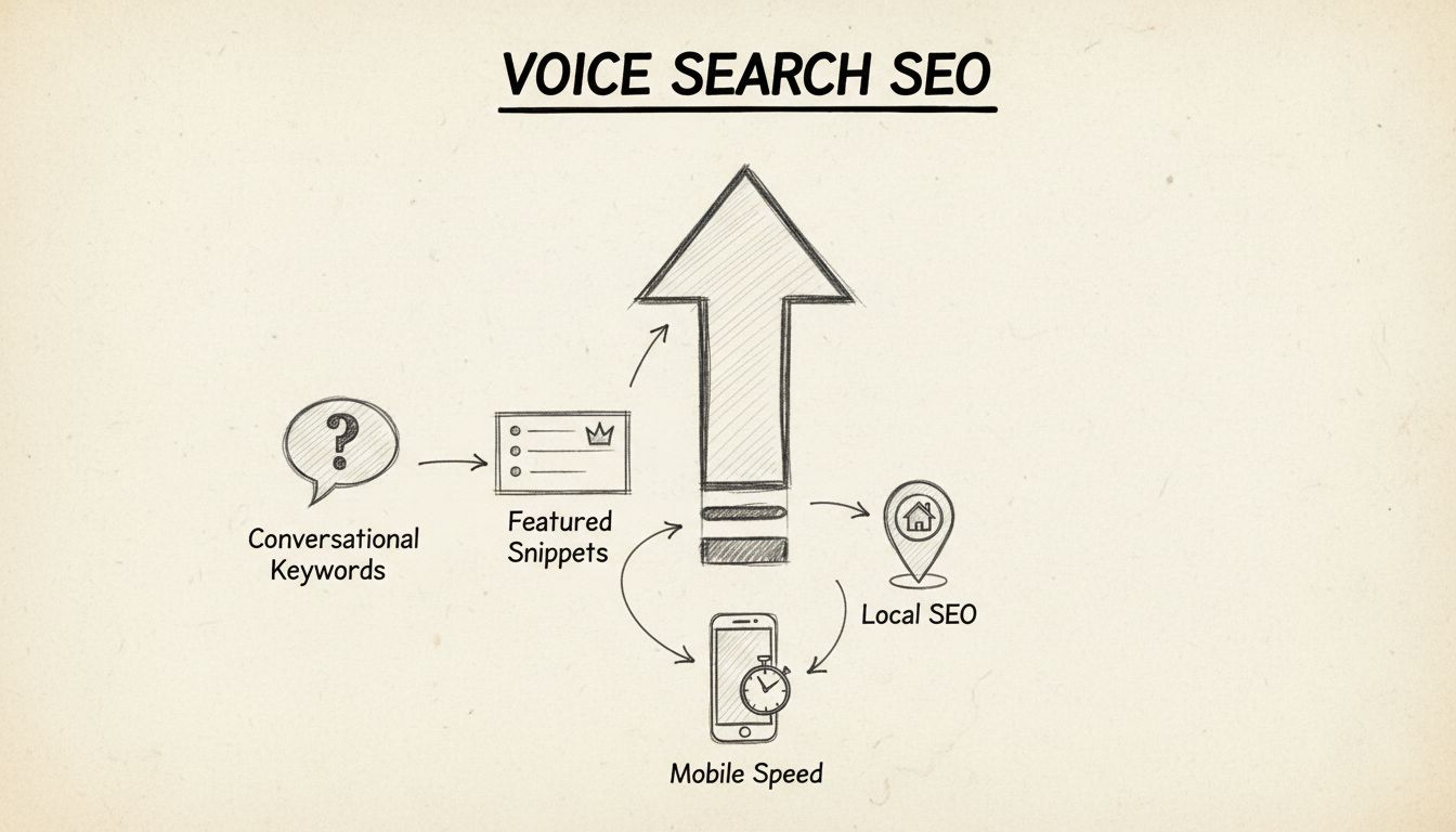 Voice Search Optimization Strategy Diagram showing conversational keywords, featured snippets, local SEO, and mobile speed optimization