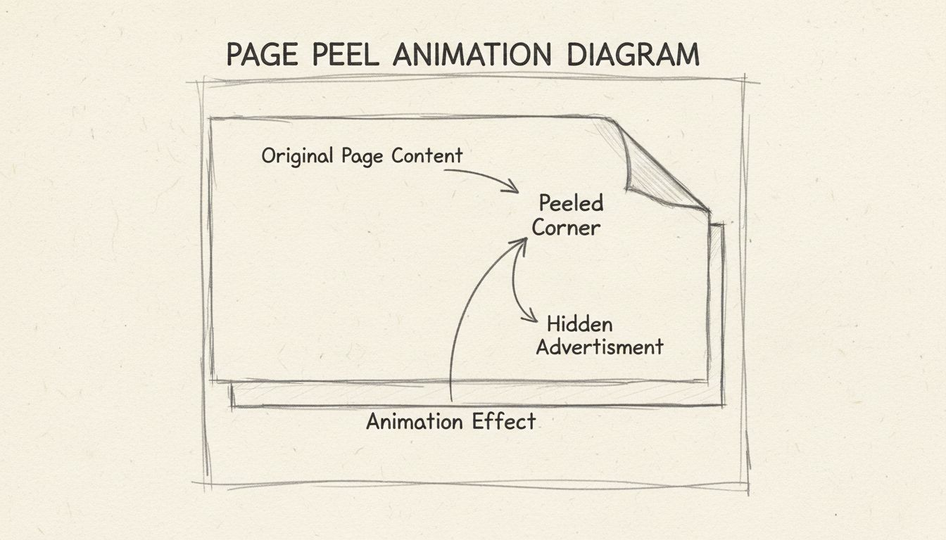 Handgezeichnetes Diagramm, das den Animationseffekt eines Page Peel Banners zeigt, mit beschrifteten Komponenten wie Originalseiteninhalt, aufgeklappter Ecke, versteckter Werbung und Animationseffekt