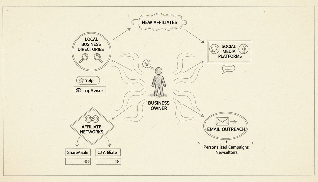 Handgezeichnetes Diagramm, das verschiedene Kanäle zur Affiliate-Gewinnung zeigt, darunter lokale Verzeichnisse, Social-Media-Plattformen, Affiliate-Netzwerke und E-Mail-Outreach