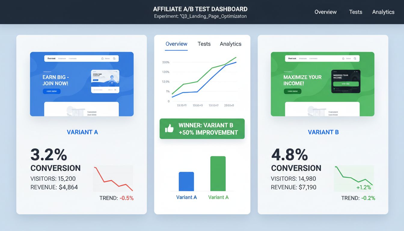 A/B-Test-Dashboard mit Split-Test-Ergebnissen, Konversionsraten und Leistungskennzahlen für Affiliate-Marketing-Kampagnen