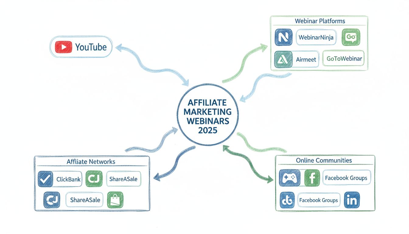 Affiliate-Marketing-Webinar-Plattformen und Ressourcen 2025 – Infografik mit YouTube, Webinar-Plattformen, Affiliate-Netzwerken und Online-Communities
