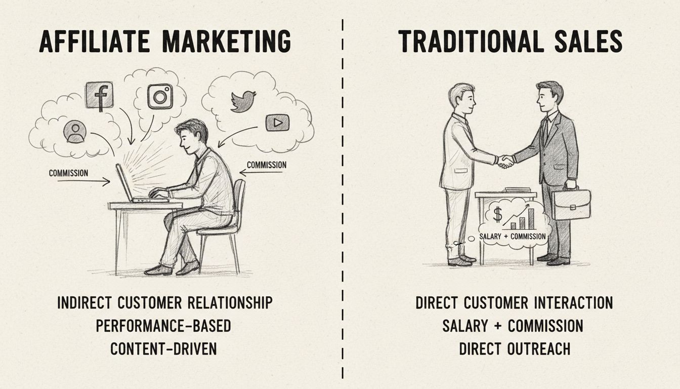 Handgezeichnetes Diagramm, das Affiliate-Marketing mit traditionellem Vertrieb vergleicht und die wichtigsten Unterschiede in Kundenbeziehung, Vergütung und Kontrolle zeigt