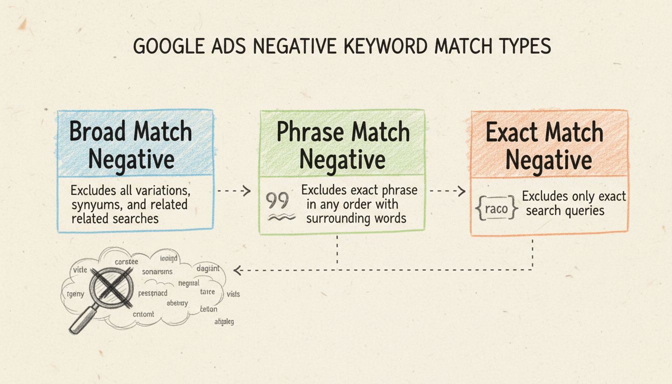 Handgezeichnetes Diagramm, das drei Arten von negativen Keyword-Match-Typen zeigt: Weitgehend negativ schließt alle Varianten und Synonyme aus, Wortgruppe negativ schließt exakte Wortgruppe mit weiteren Wörtern aus, Exakt negativ schließt nur exakte Suchanfragen aus