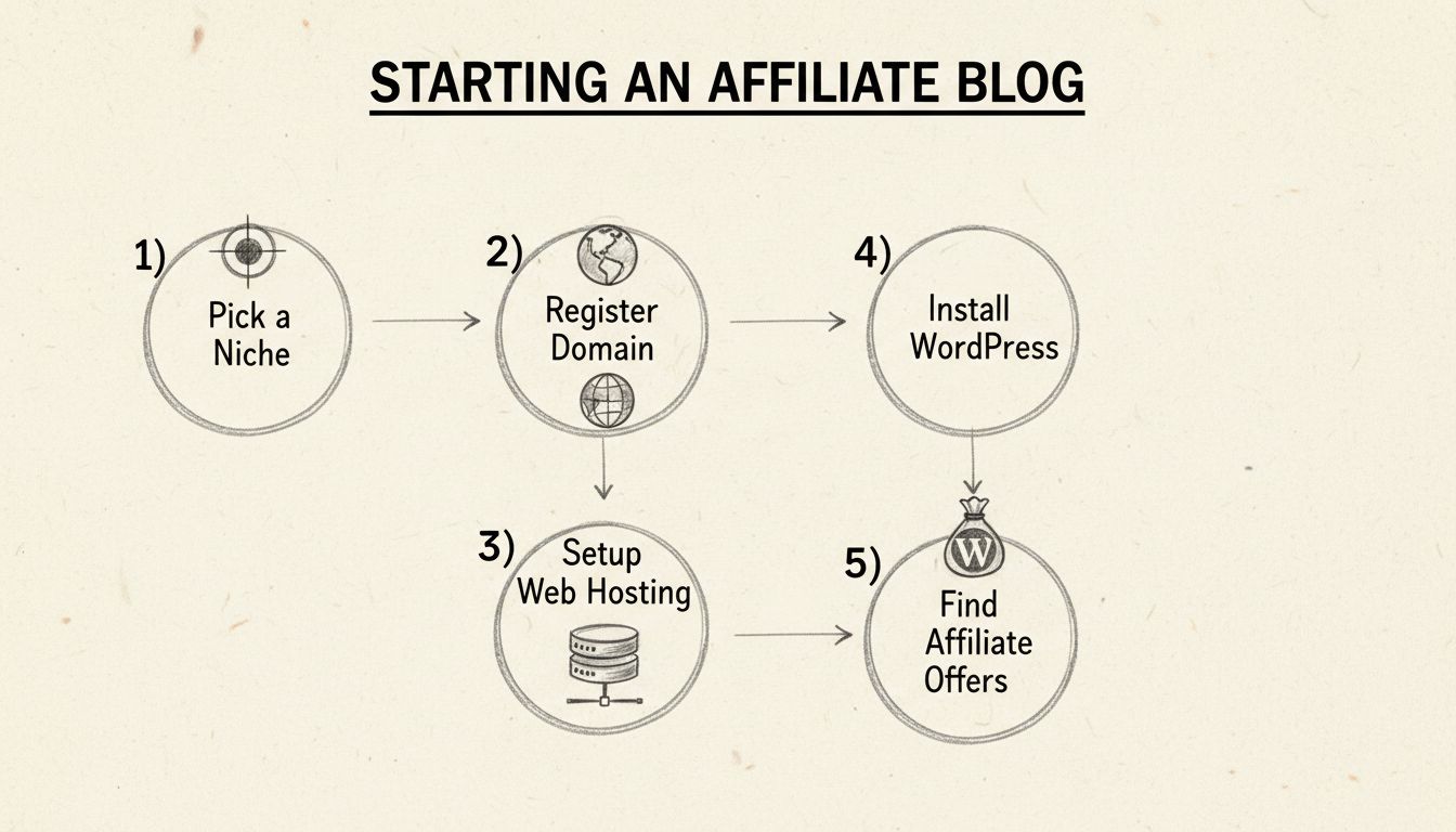 5 Schritte zum Start eines Affiliate-Blogs: Nische wählen, Domain registrieren, Webhosting einrichten, WordPress installieren, Affiliate-Angebote finden