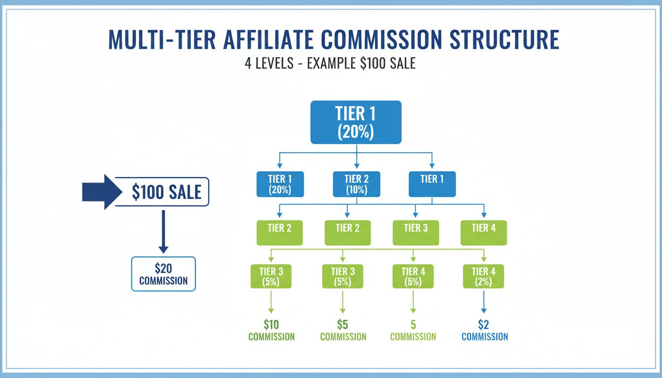 Multi-tier commission structure diagram showing 4 levels with commission percentages and $100 sale example