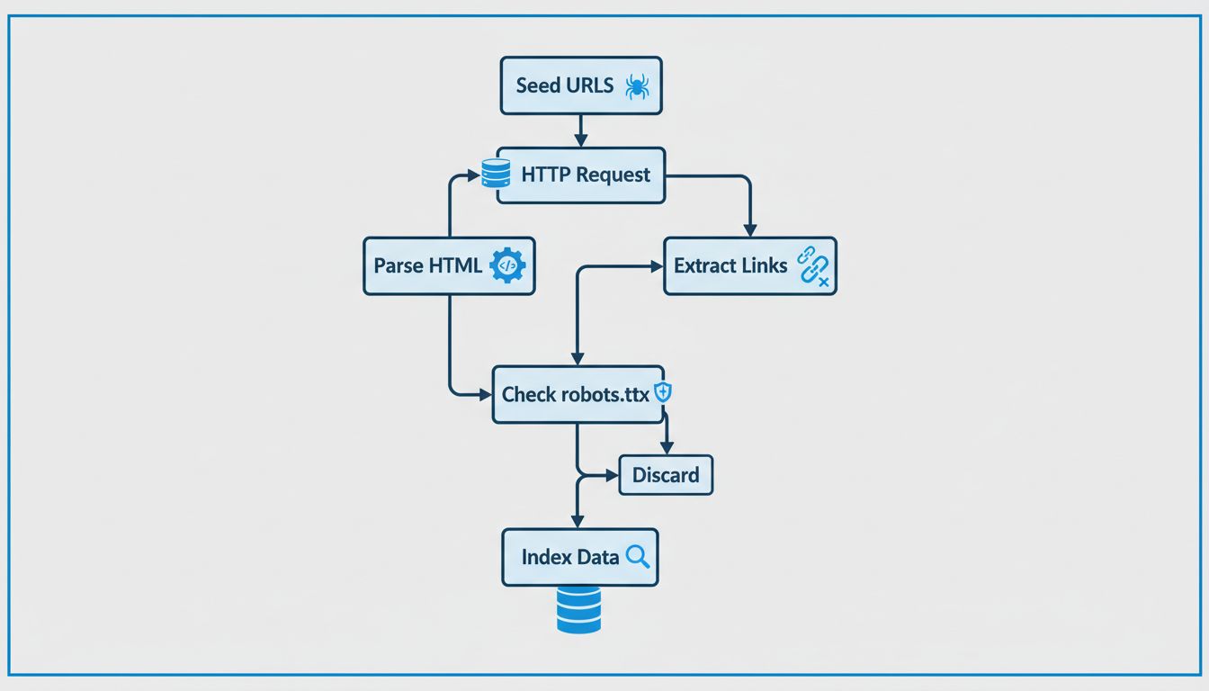 Webcrawler-Prozessablaufdiagramm mit Seed-URLs, HTTP-Anfragen, HTML-Parsing, Linkextraktion, robots.txt-Prüfung und Datenbankindexierung