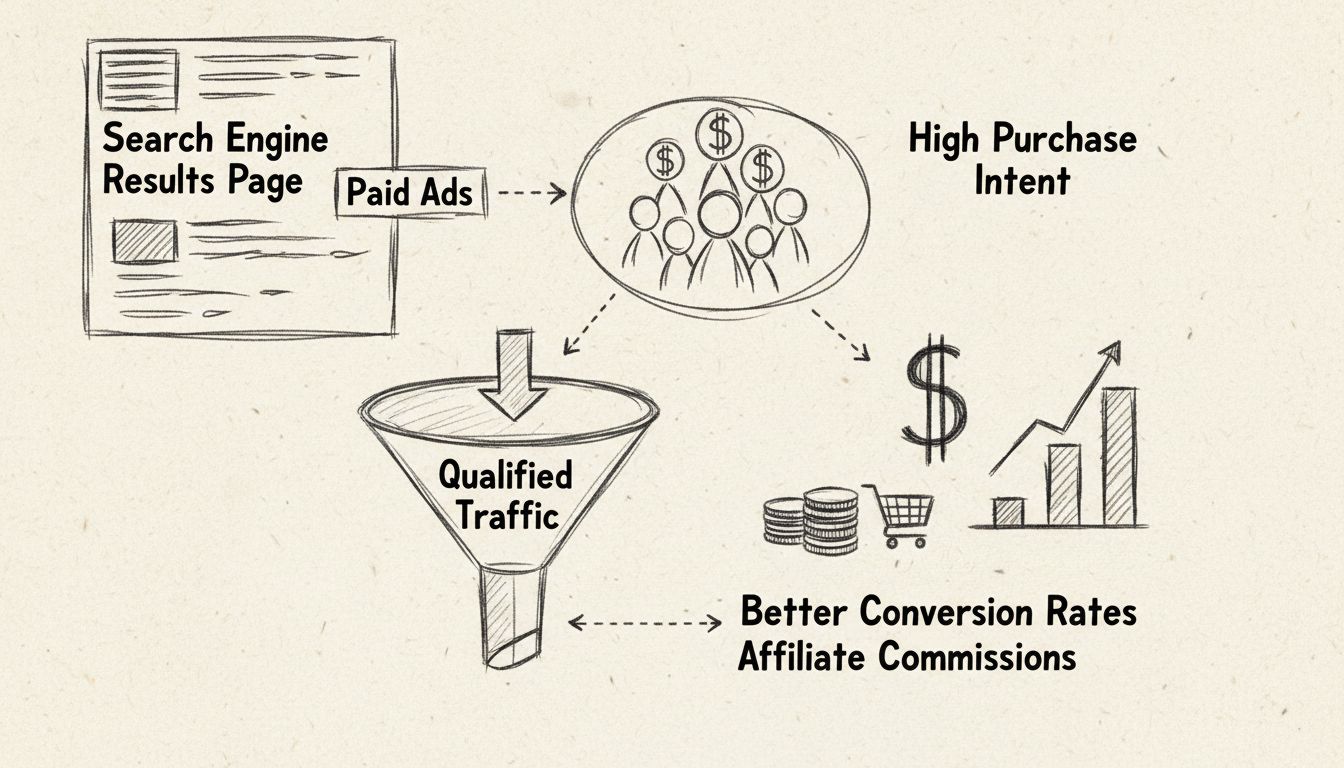 Handgezeichnetes Diagramm, das SEM-Vorteile für Affiliate-Marketer mit Suchergebnissen, Nutzern mit hoher Kaufabsicht, Conversion-Funnel und Affiliate-Provisionen zeigt