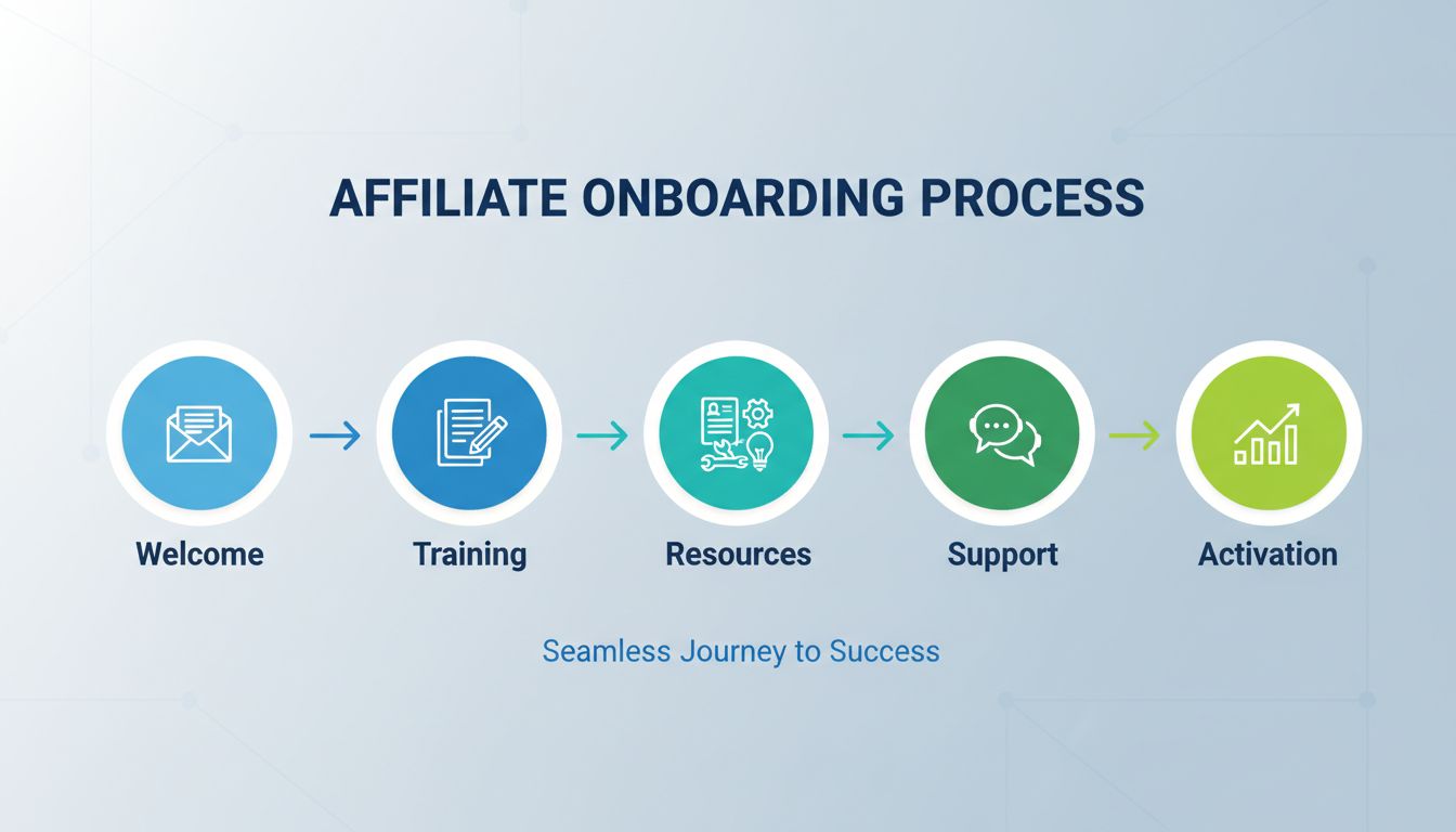 Affiliate-Onboarding-Prozess mit 5 Stufen: Willkommen, Schulung, Ressourcen, Support und Aktivierung