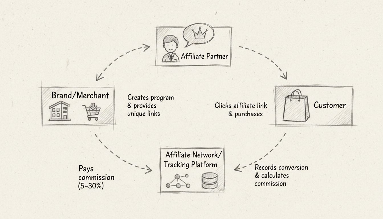 Ablaufdiagramm eines Affiliate-Partnerprogramms, das den Kreislauf zwischen Marke, Affiliate-Partner, Kunde und Tracking-Plattform zeigt