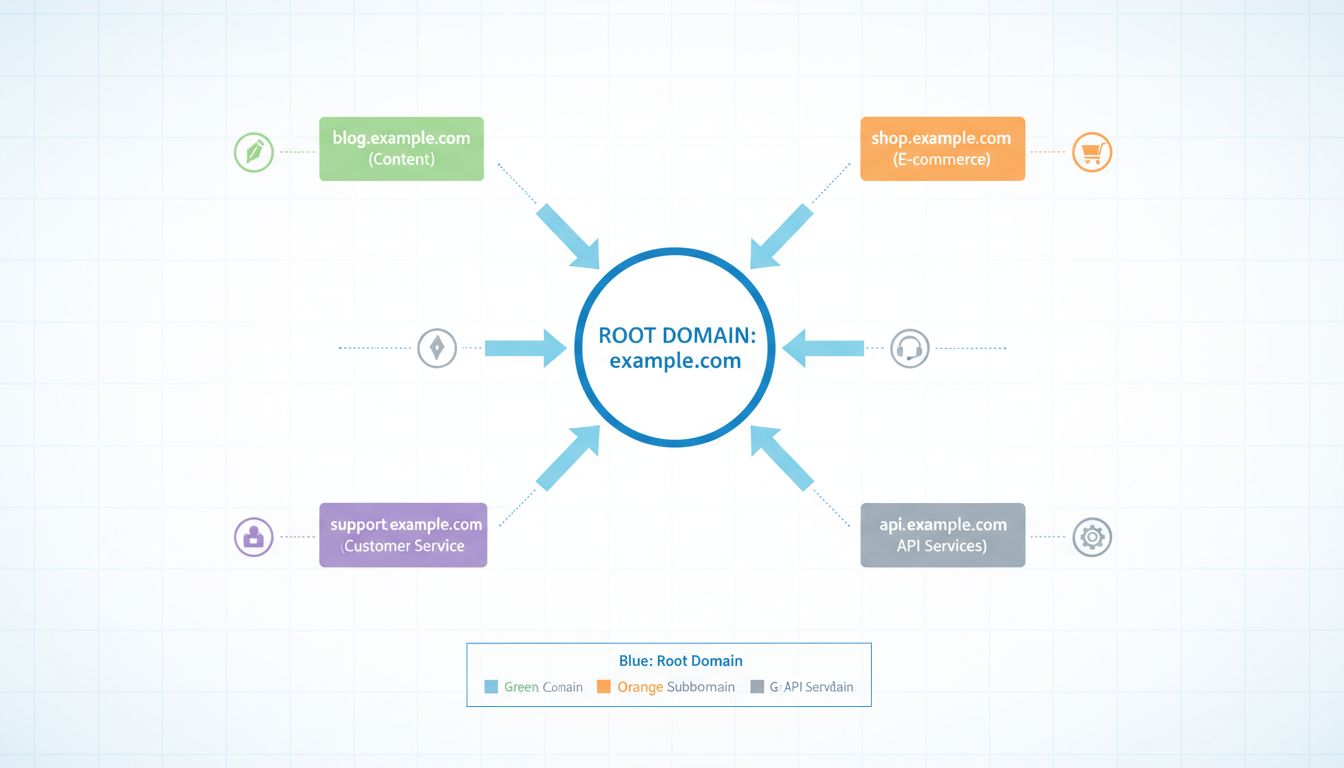 Diagramm der Subdomain-Struktur mit Root-Domain und mehreren abzweigenden Subdomains