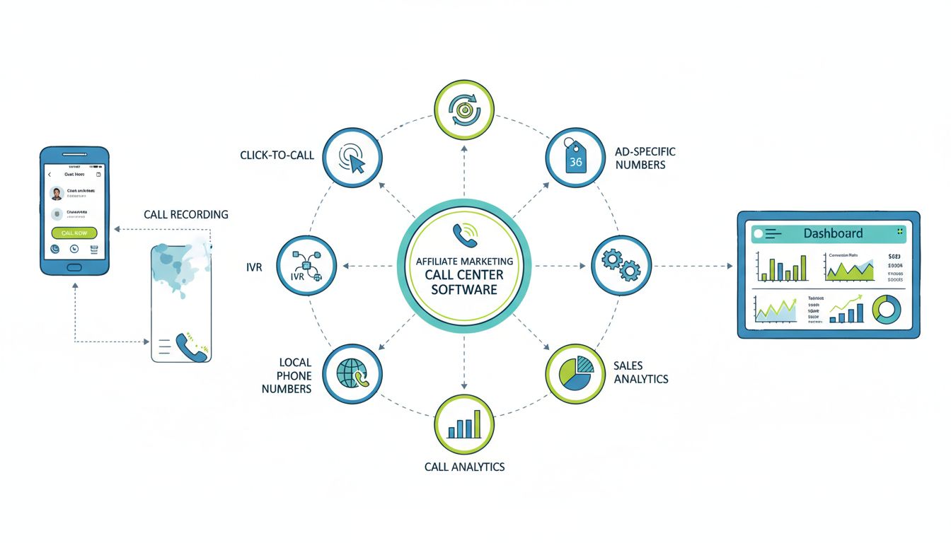 Callcenter-Softwarefunktionen für Affiliate-Marketing, darunter Click-to-Call, Anrufaufzeichnung, IVR, ACD, anzeigenspezifische Nummern, CRM-Integration, lokale Telefonnummern, Anrufanalyse und Vertriebsanalyse