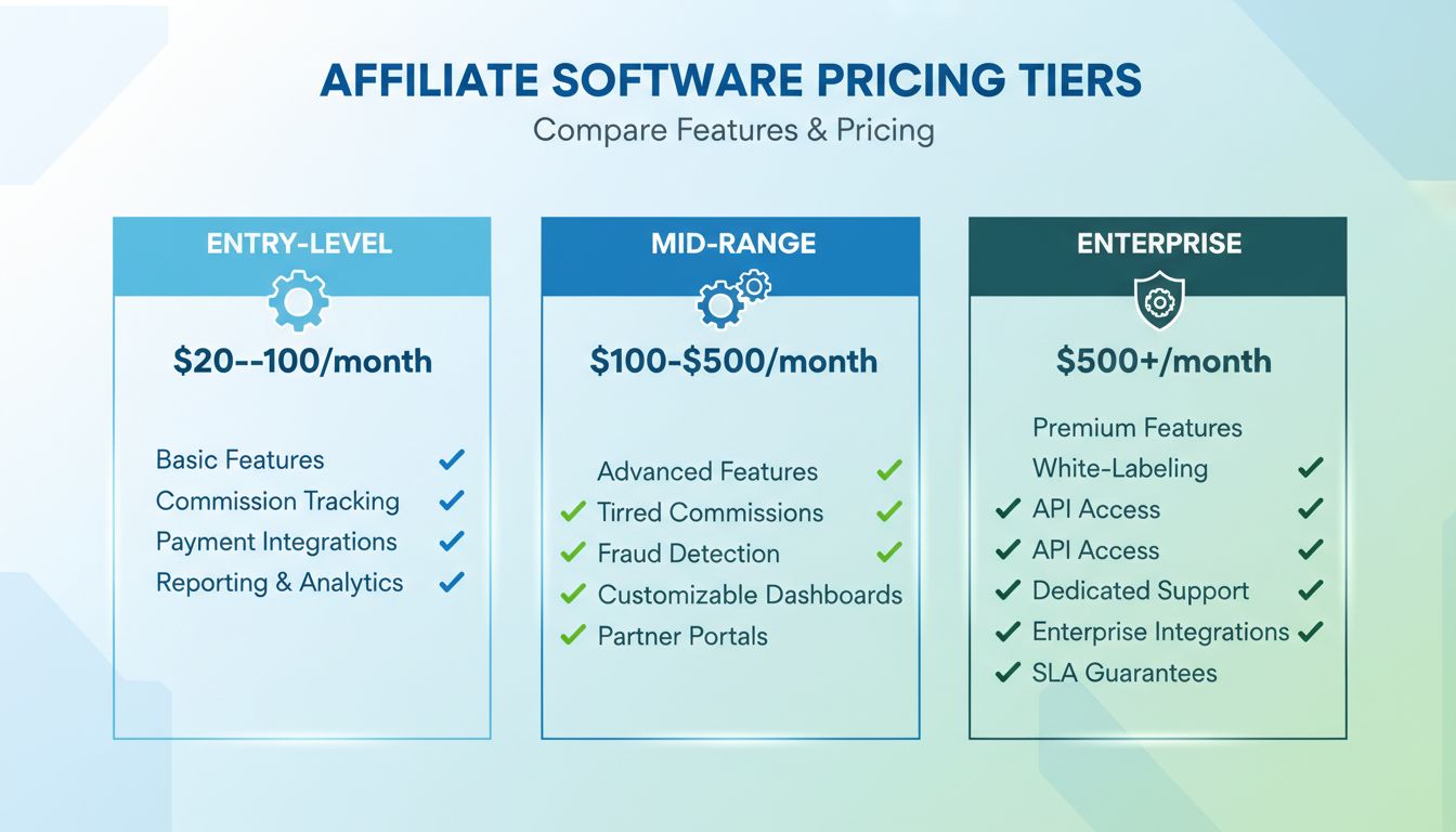 Vergleichstabelle für Affiliate-Software-Preisstufen – zeigt Einsteiger-, Mittelklasse- und Enterprise-Optionen mit Funktionen