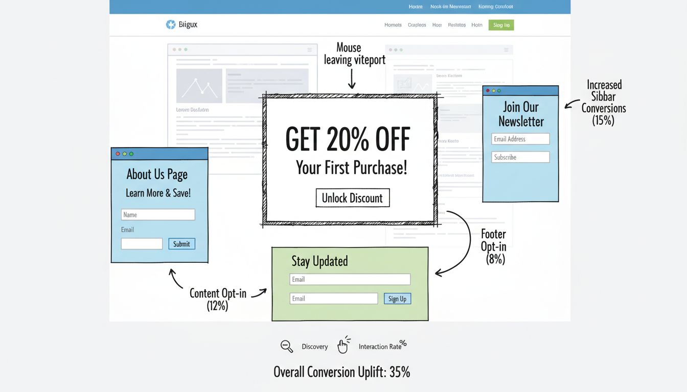 Affiliate-Marketing-Popup- und Opt-In-Formular-Strategie mit Exit-Intent-Popup, Sticky-Sidebar-Formular, E-Mail-Erfassung im Footer und Opt-In auf der Über-uns-Seite mit Conversion-Metriken