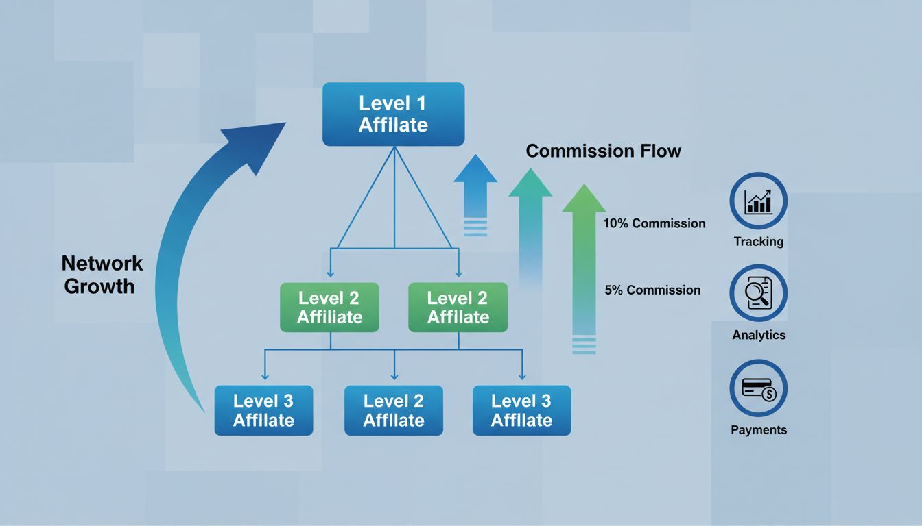 Struktur eines Multi-Level-Affiliate-Marketing-Netzwerks mit hierarchischem Provisionsfluss
