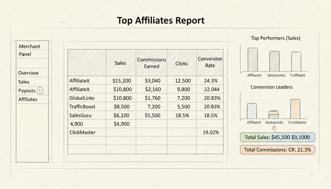 Dashboard-Oberfläche des Top-Affiliates-Berichts zeigt Händlerbereich mit Tabelle der Leistungskennzahlen