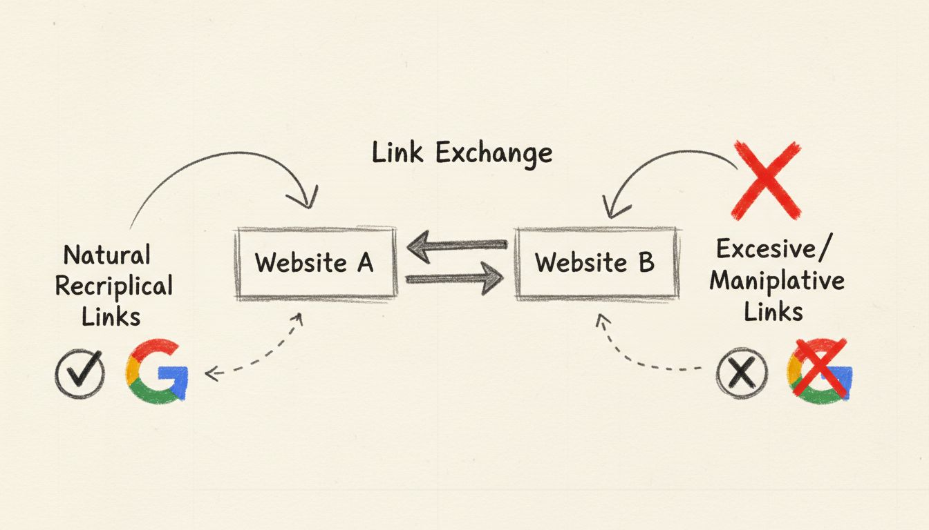 Diagramm zu gegenseitigen Links: natürlicher vs. manipulativer Linkaustausch mit Google-Bewertungsindikatoren