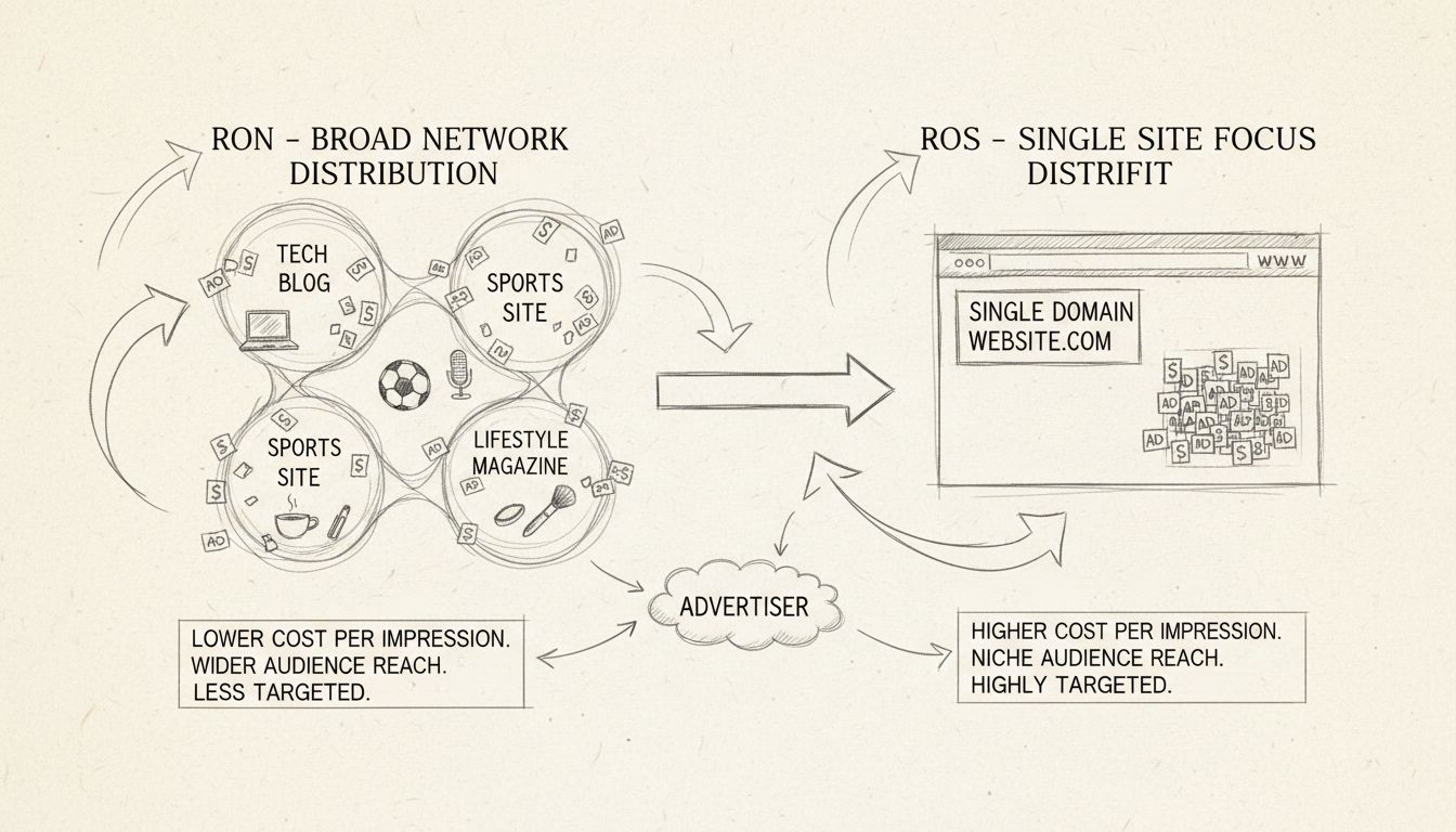Handgezeichnetes Diagramm, das Run of Network (RON) und Run of Site (ROS) Werbestrategien vergleicht; zeigt breite Netzwerkverteilung versus einzelne Website-Fokussierung