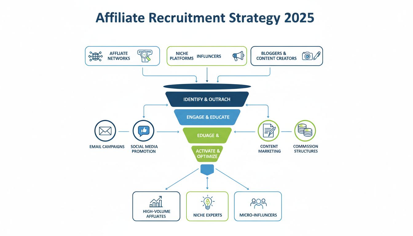 Affiliate-Recruiting-Strategie 2025 mit mehreren Kanälen, darunter Affiliate-Netzwerke, Nischenplattformen, Influencer, Blogger und Content Creators mit Rekrutierungstrichter