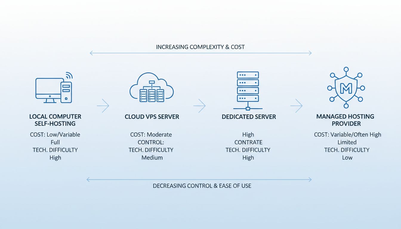 Hosting options comparison diagram showing local computer, cloud VPS, dedicated server, and managed hosting