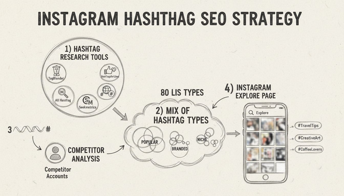 Infografik zur Instagram-Hashtag-Recherche-Strategie mit Hashtag-Tools, Typen und Wettbewerbsanalyse