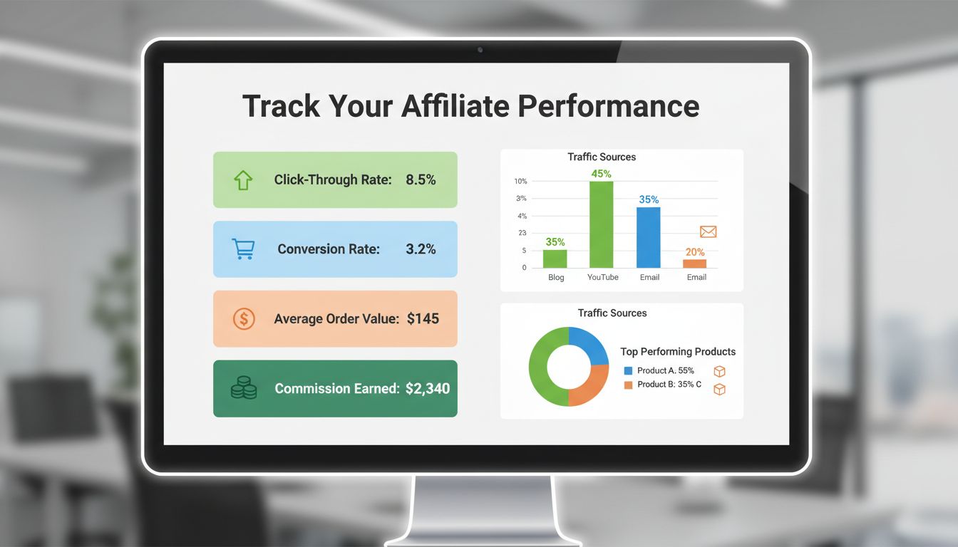 Affiliate-Review-Metriken-Dashboard mit Klickrate, Conversion-Rate, durchschnittlichem Bestellwert, erzielter Provision und Traffic-Quellen
