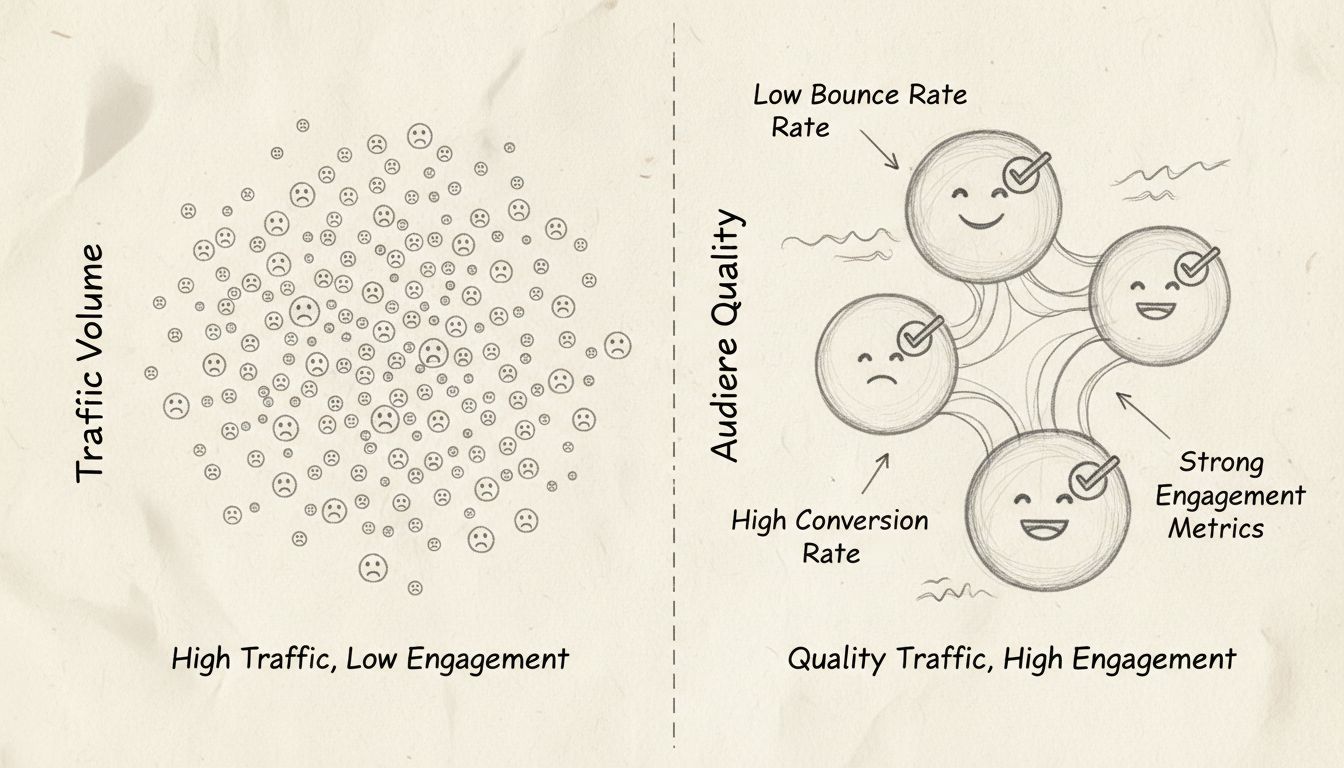 Handgezeichnetes Diagramm: Vergleich von hohem Traffic mit geringem Engagement versus Qualitäts-Traffic mit hohem Engagement für die Aufnahme in Affiliate-Netzwerke