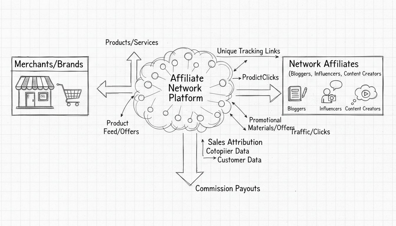 Netzwerk-Affiliate-Ökosystem-Diagramm mit Händlern, Affiliate-Netzwerk-Plattform, Netzwerk-Affiliates mit Tracking-Links und Provisionsflüssen