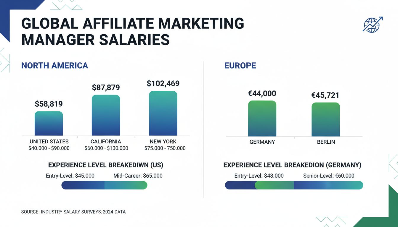 Vergleichstabelle Affiliate Marketing Manager Gehälter mit Durchschnittswerten für USA, Kalifornien, Deutschland und Berlin, inklusive Datenvisualisierung