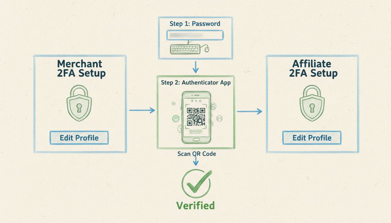 Diagramm zur Einrichtung der 2-Schritt-Verifizierung für Händler und Affiliates mit Zugang zu Profil bearbeiten und Integration der Authentifizierungs-App