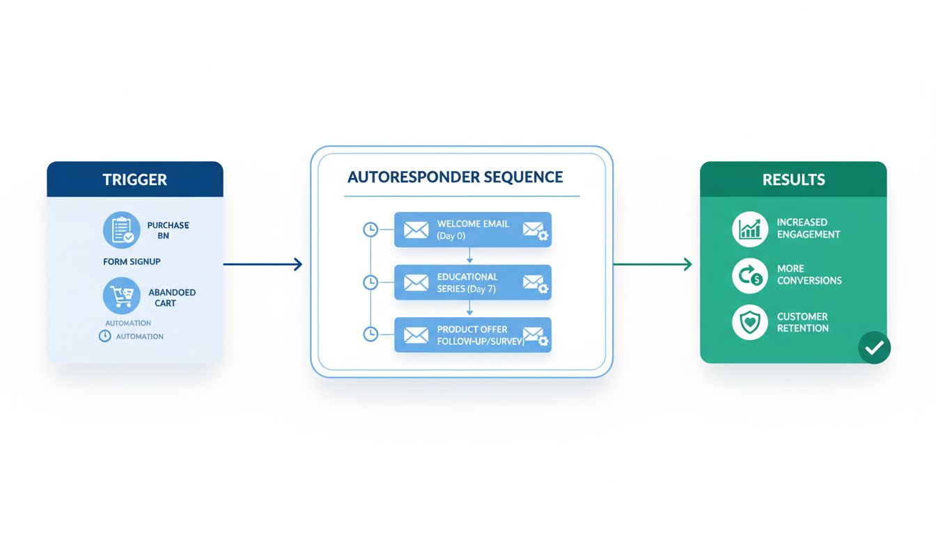 Diagramm eines E-Mail-Autoresponder-Workflows mit Auslöser, automatisierter Sequenz und Ergebnissen