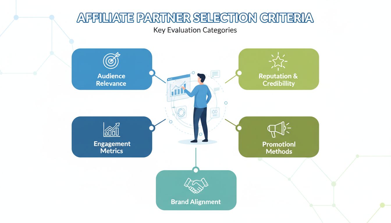 Wichtige Kriterien für die Auswahl von Affiliate-Partnern, darunter Zielgruppenrelevanz, Reputation, Engagement-Metriken, Werbemethoden und Markenpassung