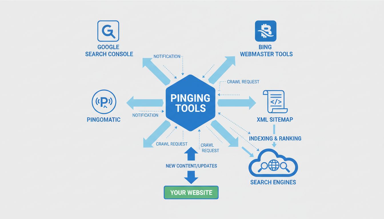 Pinging-Tools-Workflow-Diagramm mit Verbindungen zwischen Website, Pinging-Diensten und Suchmaschinen