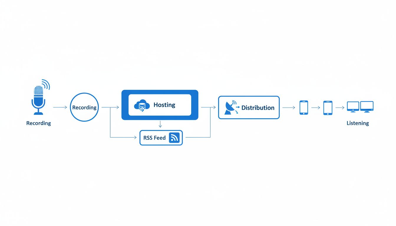 Podcasting-Workflow-Diagramm mit Aufnahme, Hosting, RSS-Feed-Verteilung und Endgeräten der Hörer
